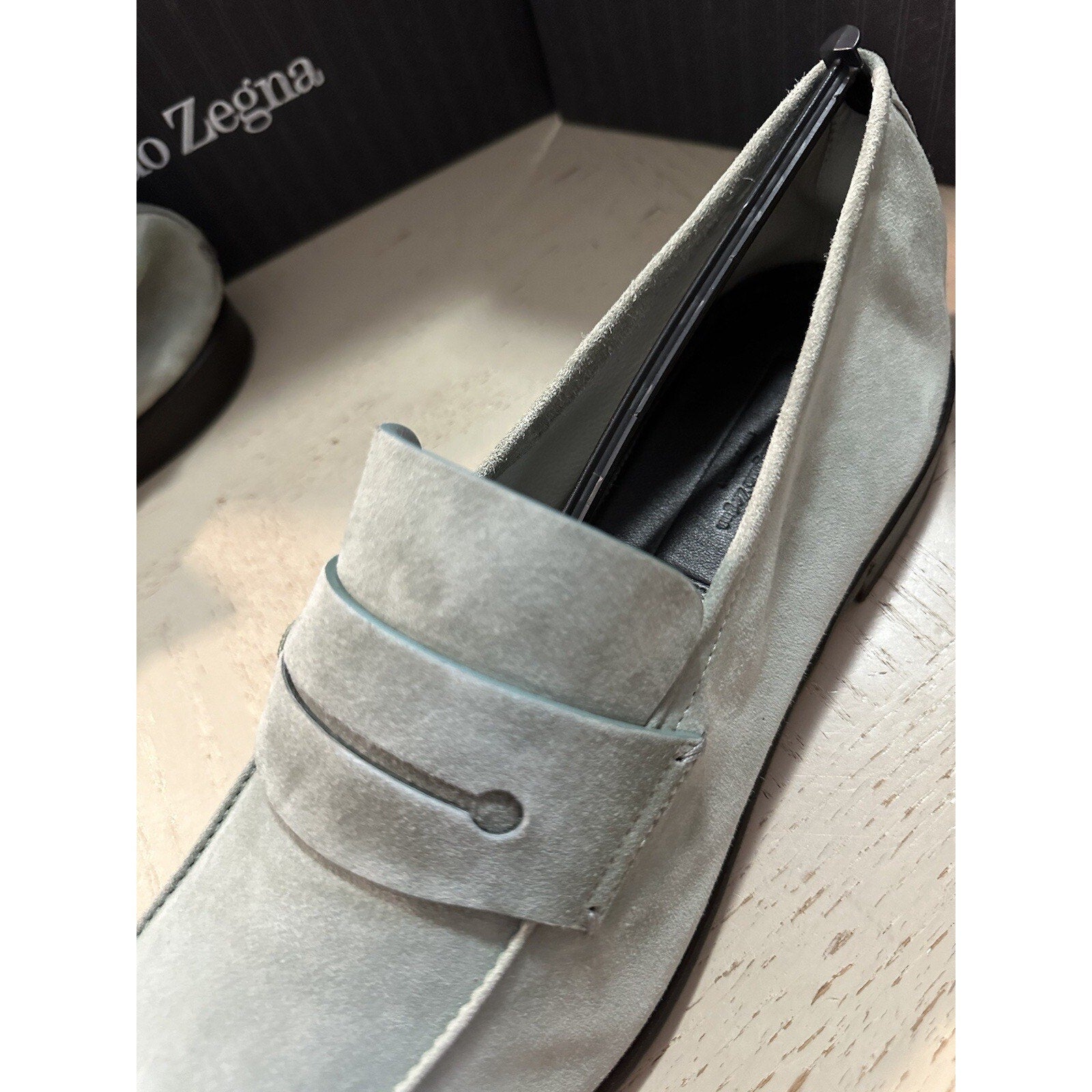 New $990 Ermenegildo Zegna Suede Reverse Construction Loafers LT Green 12 US