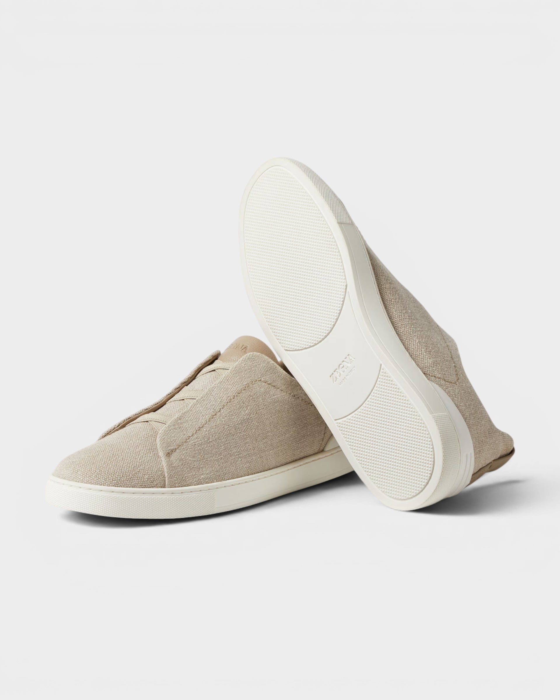 Cotton Linen & Leather Triple Stitch Sneakers | Light Beige