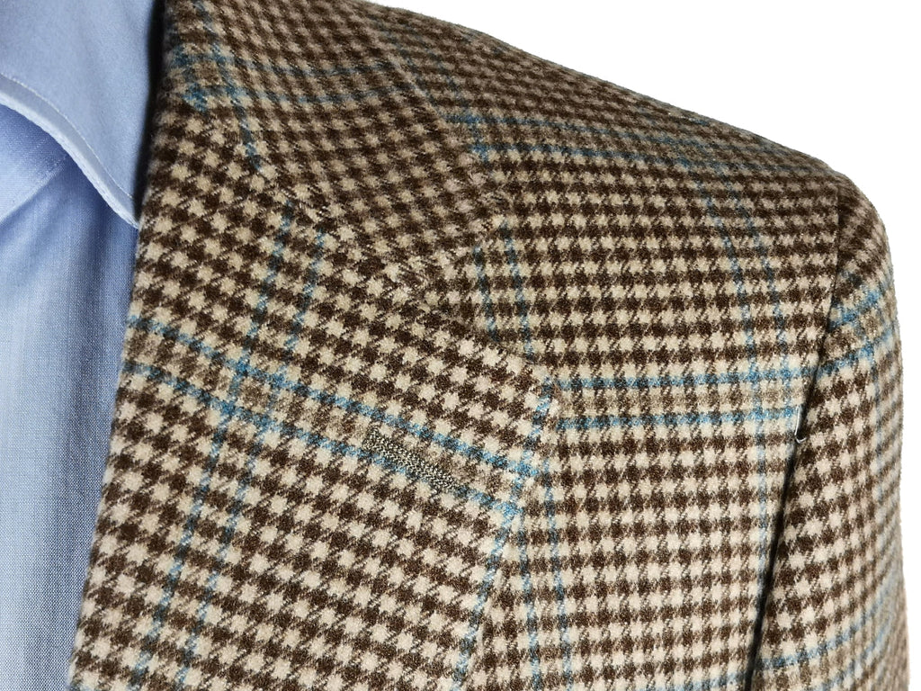 Benjamin Zegna Sport Coat Brown/Natural check Blue Windowpane 2-button Slim Fit Wool/Cashmere