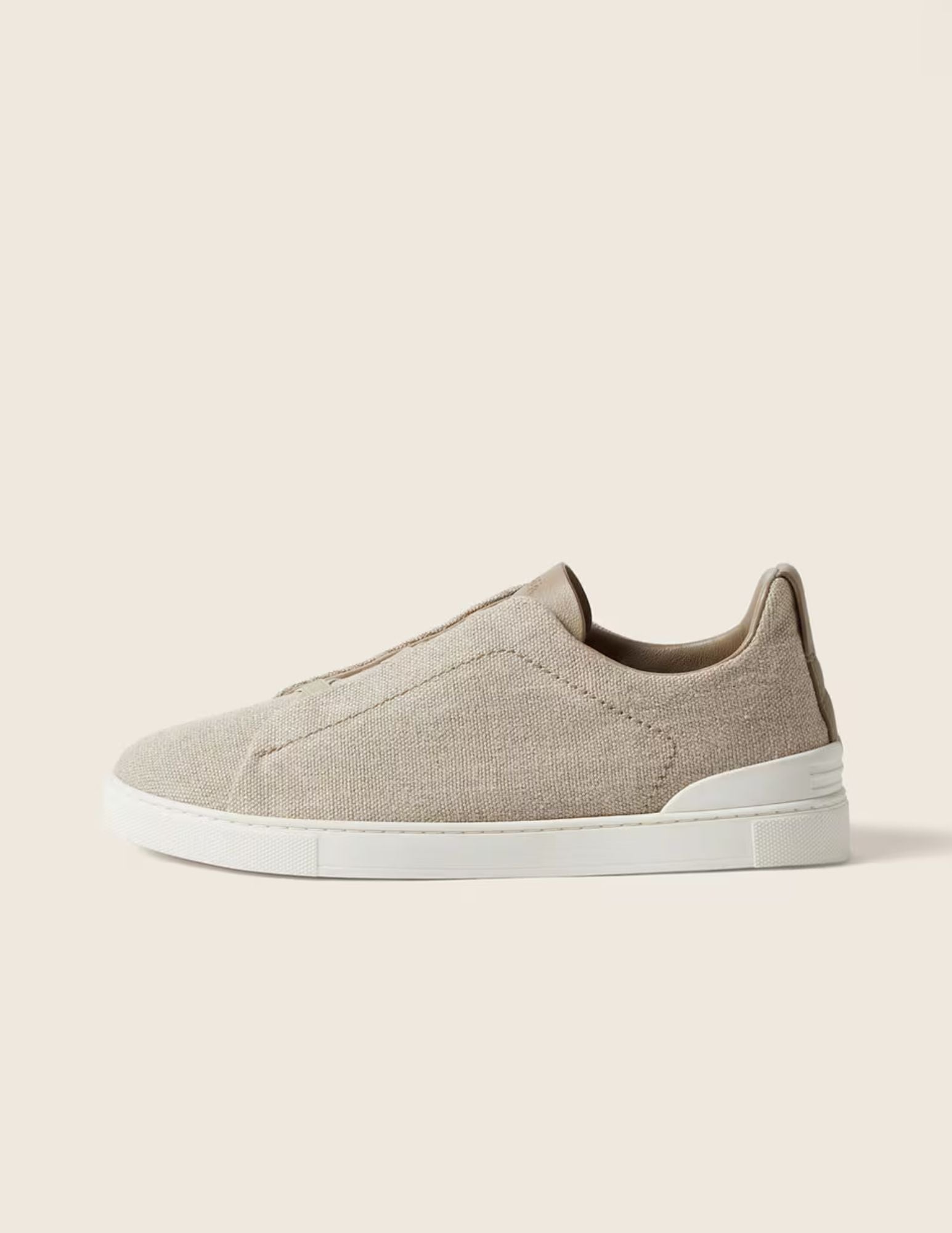 Cotton Linen & Leather Triple Stitch Sneakers | Light Beige